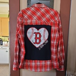 Volcom Red and White Plaid Flannel Shirt With Boston Red Sox Design On Back